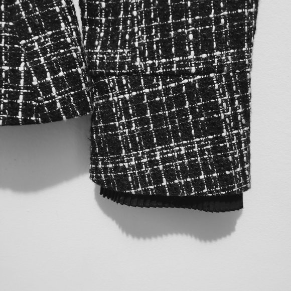 White House Black Market Black & White Tweed Blazer with Silky Ruffle Trim - Picture 7 of 13